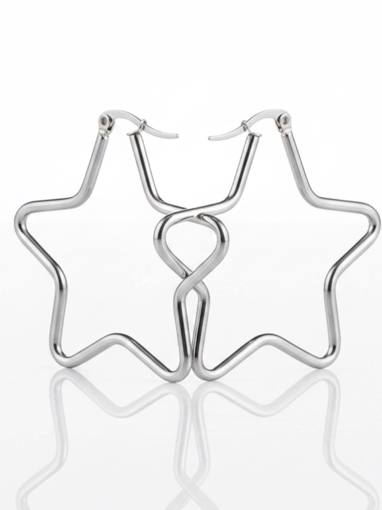 Womens Stainless Steel Silver Star Small Hoop Earrings